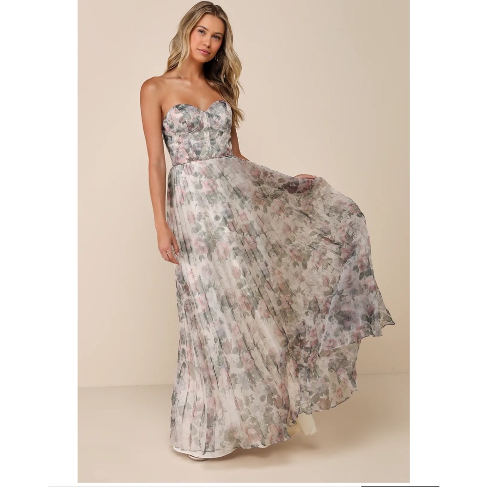 Lulus Most Beautiful Day Ivory Multi Floral Lace-Up Back Organza Maxi Dress NWT